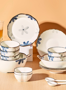 日式釉下彩陶瓷碗碟套装餐具家用2025新款米饭碗面碗汤碗盘子菜盘