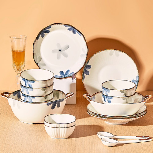 日式釉下彩陶瓷碗碟套装餐具盘子