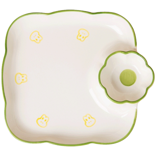 日式陶瓷大号饺子盘带醋碟蘸料碟2025新款好看的分格盘水饺早餐盘