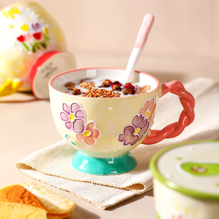高颜值陶瓷早餐杯带盖勺马克杯子家用大容量牛奶杯咖啡杯女生水杯