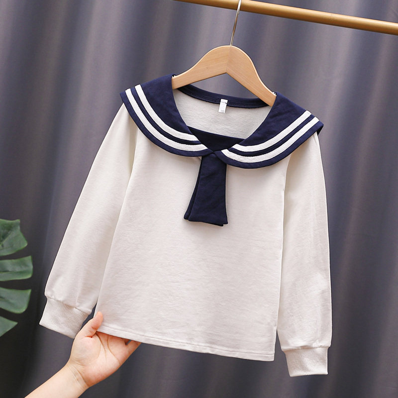 女童春秋新款打底衫宝宝体恤儿童长袖纯棉海军风中大童学院风上衣