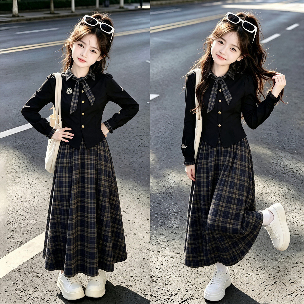 女童秋冬学院风格纹蝴蝶结套装