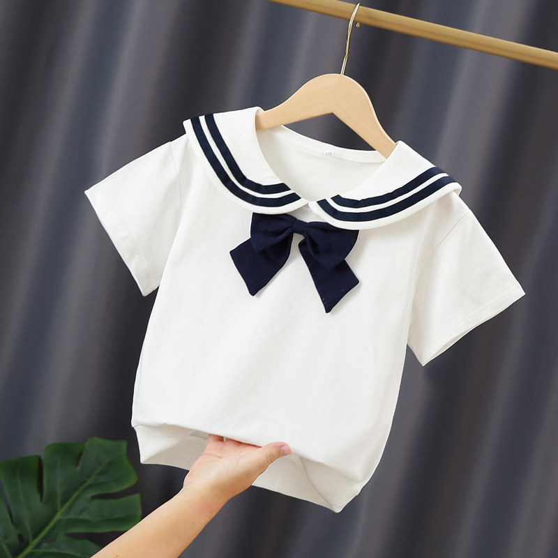 女童纯棉短袖夏季学院风翻领