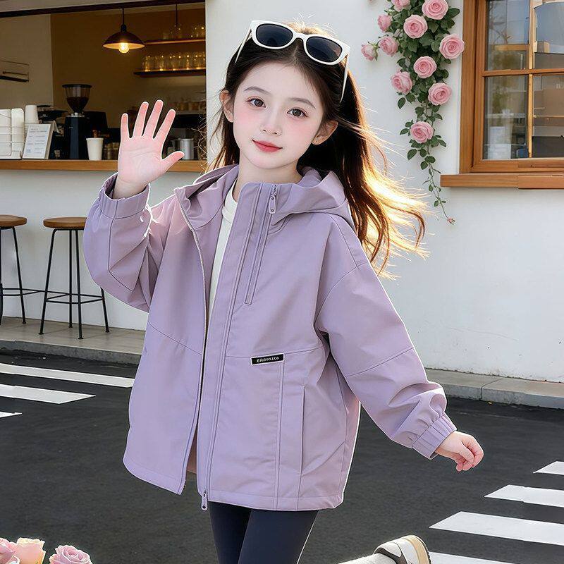 女童冲锋衣风衣外套2026春秋冬新款加厚棉中大童洋气连帽夹克上衣