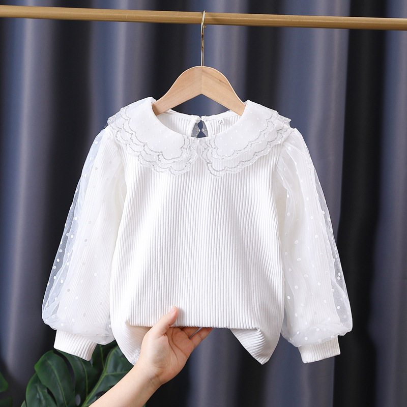 女儿童上衣2026春秋冬新款长袖纯棉白色泡泡袖翻领打底衫小孩T恤