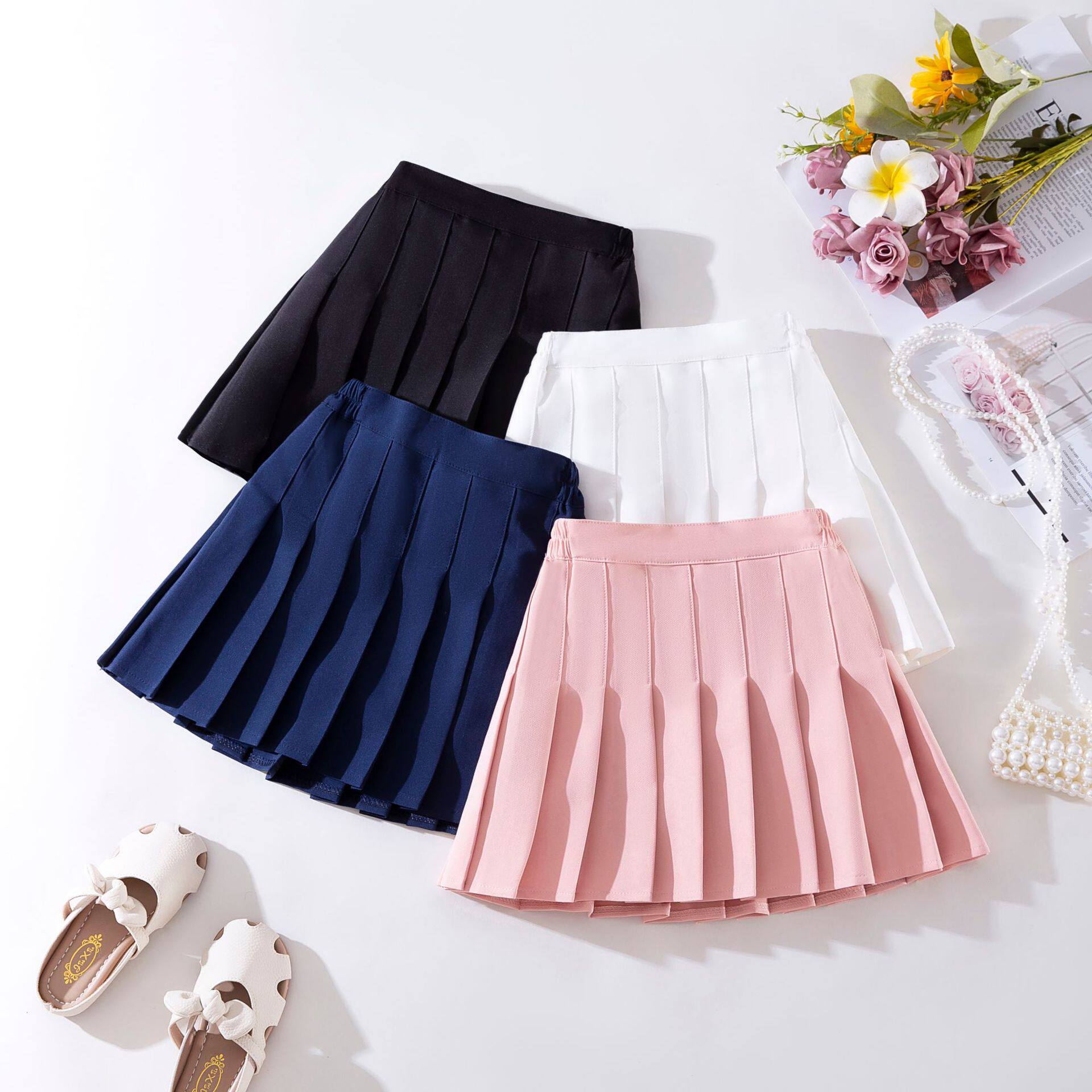 女童百褶裙A字短裙春秋冬新款学生院风2025百搭JK纯黑白色半身裙6