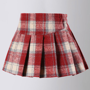 女童红格子毛呢百褶高腰半身裙2026秋冬新款韩版jk复古防走光短裙
