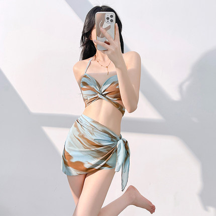 温泉分体式泳装三件套2025新款性感纯欲风海边沙滩显瘦修身比基尼