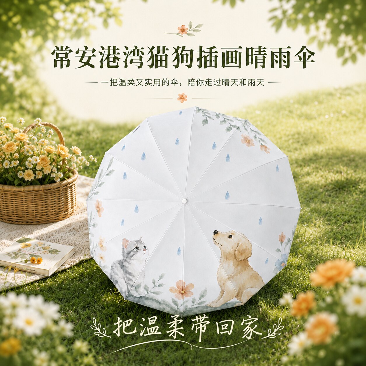 【常安港湾】清新印花遮阳伞自动开合小猫小狗插画防紫外线雨伞