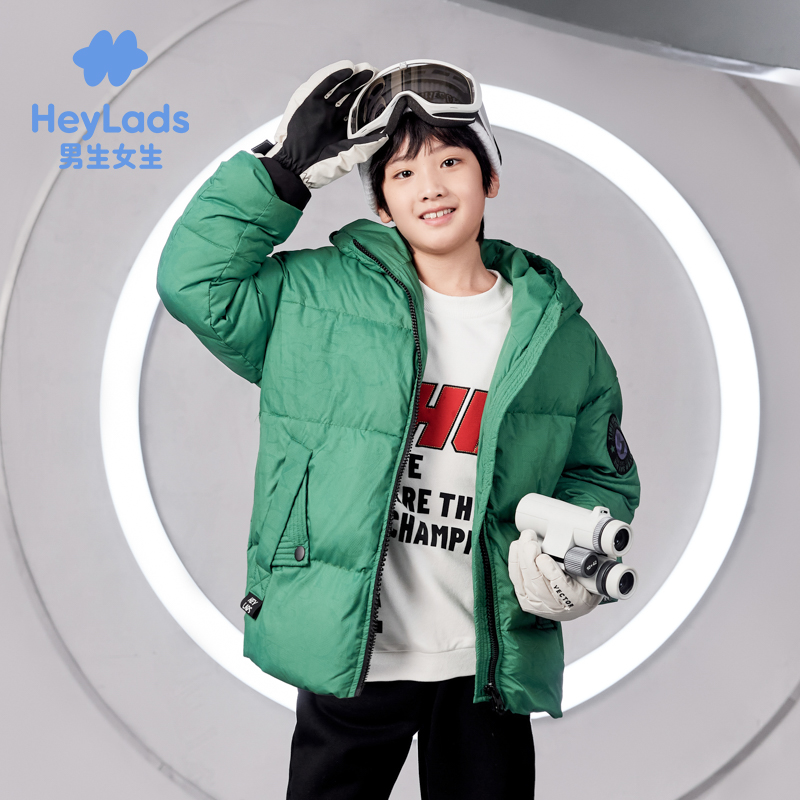 男生女生男大童羽绒服绿色带帽保暖外套NCYAJ43084A