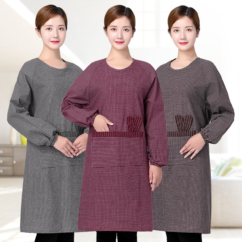 长袖围裙女时尚带袖子棉麻纯棉反穿衣工作服家用厨房做饭衣服罩衣