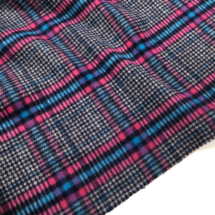 一米价 玫红色底彩格子图案双面羊绒面料 秋冬 大衣 外套 布料