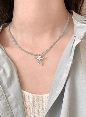 轻奢小众高级感蝴蝶结吊坠串珠项链女复古优雅高级百搭颈链锁骨链