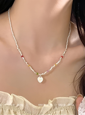 碎银几两项链女潮冷色金属系小米珠素圈锁骨链女月光爱心颈链