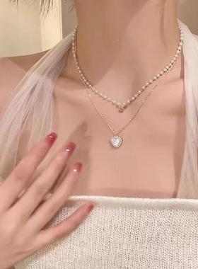 无注册商标夏季珍珠双层爱心项链