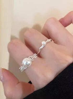 珍珠锆石开口戒指女2025年新款法式气质食指戒小众设计高级感指环