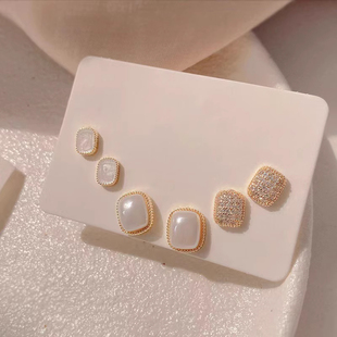 六件套小巧方形珍珠耳钉女高级感复古气质耳环2025年新款潮耳饰