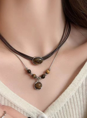 复古皮革虎眼石项链女中式叠戴