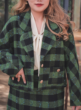 50羊毛 格子毛呢套装秋冬新款气质港风