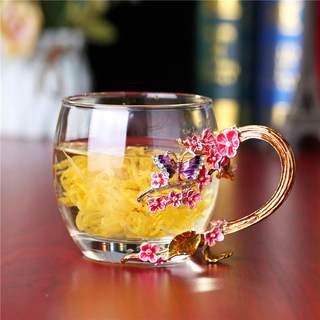 创意轻奢珐琅彩水杯广告透明水晶玻璃花茶杯子商务送礼品套装