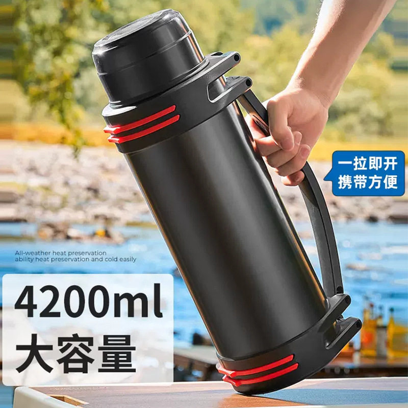 户外车载不锈钢大容量保温壶 野外运动便携背带双盖设计保温水壶
