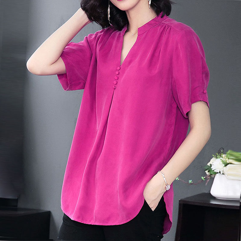 铜氨丝衬衣女2022夏轻奢短袖T恤上衣大码宽松衬衫时尚薄款中长款