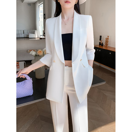 2026新款白色西装套装女春夏季薄款气质女神范高级感阔腿裤小西服