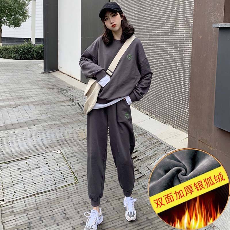 加绒厚大闲码裤女加装时尚休女新款韩版卫衣子秋学冬生两件套