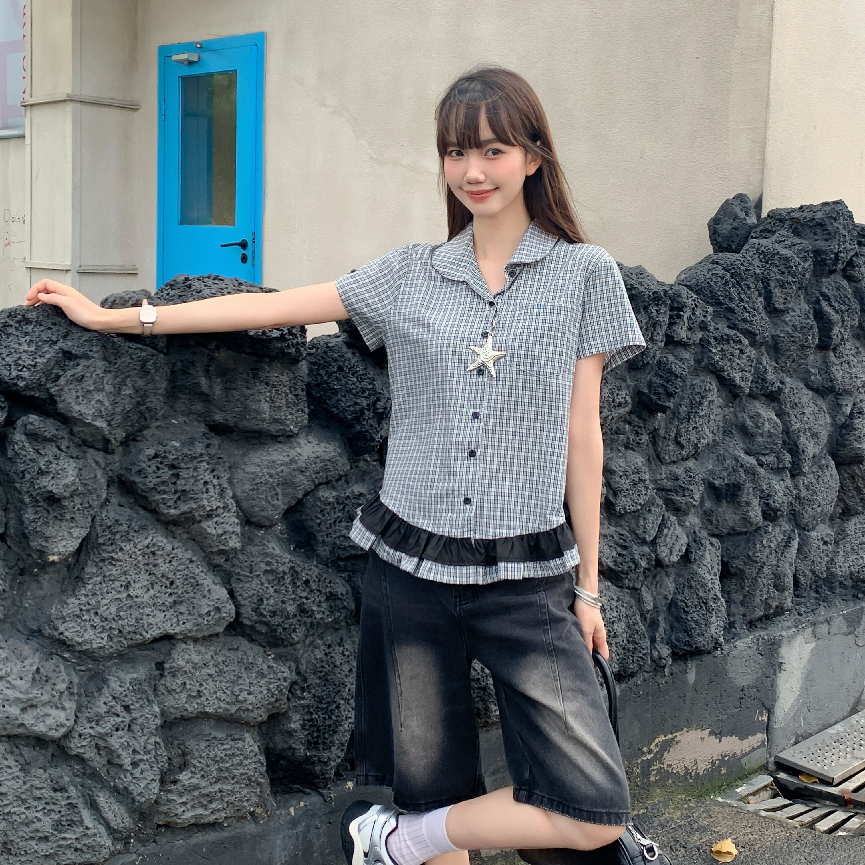 实拍实价#格子短袖衬衫女夏季2025新款小众拼接休闲宽松上衣衬衣
