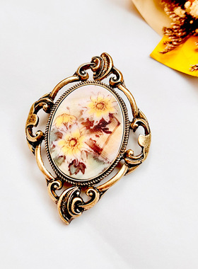 复古贝壳印花胸针双用吊坠天然贝壳光泽vintage brooch 青岛外贸
