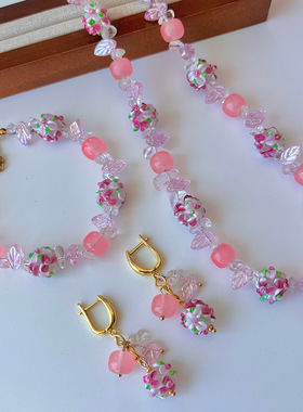 复古穆拉诺蛋糕粉色琉璃配白水晶碎石项链手链耳扣秋冬饰品高级感