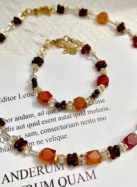 复古切面红玛瑙白水晶项链手链套装原创设计异形天然石高级感配饰