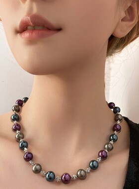 复古炫彩莫兰迪大溪地色施家水晶珮珍珠项链锁骨链 10mm时尚百搭