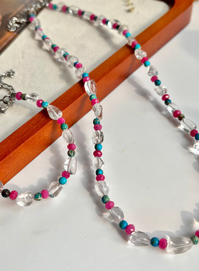 复古随形白水晶配蓝松石玫红石英石春夏百搭石头小项链手链套装