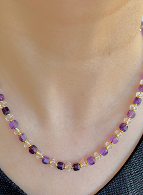 复古紫水晶方糖搭配多切面白水晶项链手链高级轻奢配饰疗愈水晶