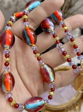 流光溢彩】外贸琉璃五彩银箔鼓15*20mm珠冬日暖色原创饰品轻奢