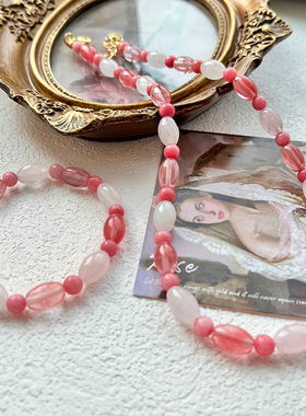 少女心】复古椭圆粉晶石白水晶配粉色圆珠项链手链套装少女粉年轻