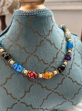复古千花琉璃混彩配施家琉璃珍珠小清新项链春夏青岛饰品高级配饰