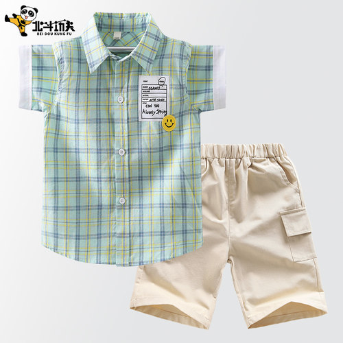 男童夏装套装夏季薄款格子衬衫