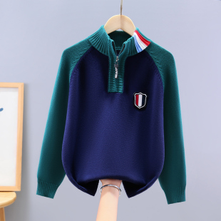 男童毛衣拉链半高立领儿童秋冬款加绒加厚中大童男孩纯棉针织衫潮