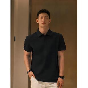痞帅轻熟风成熟稳重男装 黑色短袖 夏季 男款 重磅翻领正肩恤 衫