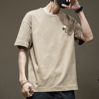 夏季200g重磅纯棉美式复古短袖t恤男ins欧美潮牌宽松大码胖子