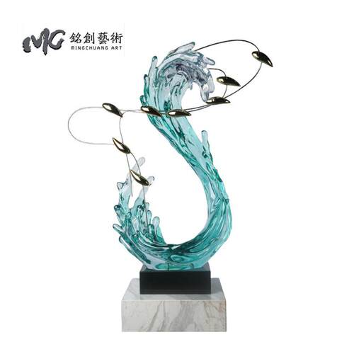 创意晶轻奢游鱼浪花雕塑客厅玄关走廊样板房新中式艺术品摆件