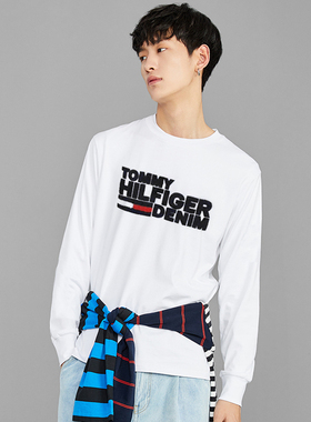 TOMMY HILFIGER春夏汤米男装时尚休闲植绒字母印花圆领长袖T恤