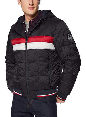 TOMMY HILFIGER冬季汤米男士夹棉外套拼色加厚保暖连帽棉服集货