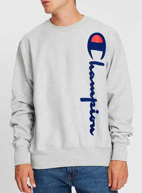 CHAMPION美版冠军秋冬男士潮流竖列草写字母植绒印花加绒卫衣集货