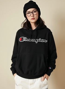 美版Champion冠军卫衣加绒女男情侣时尚百搭刺绣字母长袖连帽衫潮