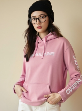 美国Calvin Klein卡文克莱秋季新款字母连帽休闲加绒长袖CK卫衣女