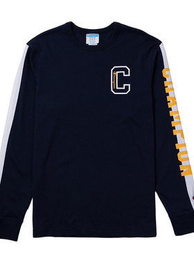 CHAMPION美版冠军男装时尚潮流拼色C标手臂字母印花长袖T恤集货