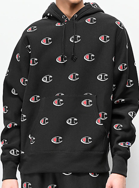 CHAMPION冠军秋冬男士潮流密集Logo印花加绒休闲运动连帽卫衣